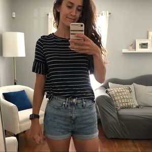 Blue and white striped shirt with ruffled sleeves